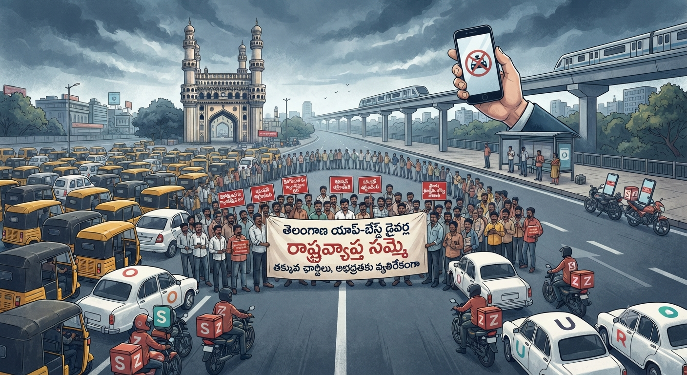 📱 తెలంగాణలో యాప్ ఆధారిత డ్రైవర్ల సమ్మె.. అస్తవ్యస్తంగా మారిన క్యాబ్, డెలివరీ సేవలు!