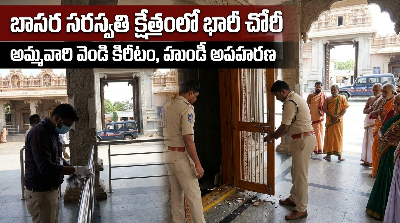 బాసర క్షేత్రంలో భద్రతా వైఫల్యం: మహంకాళి అమ్మవారి వెండి కిరీటం, హుండీ అపహరణ!